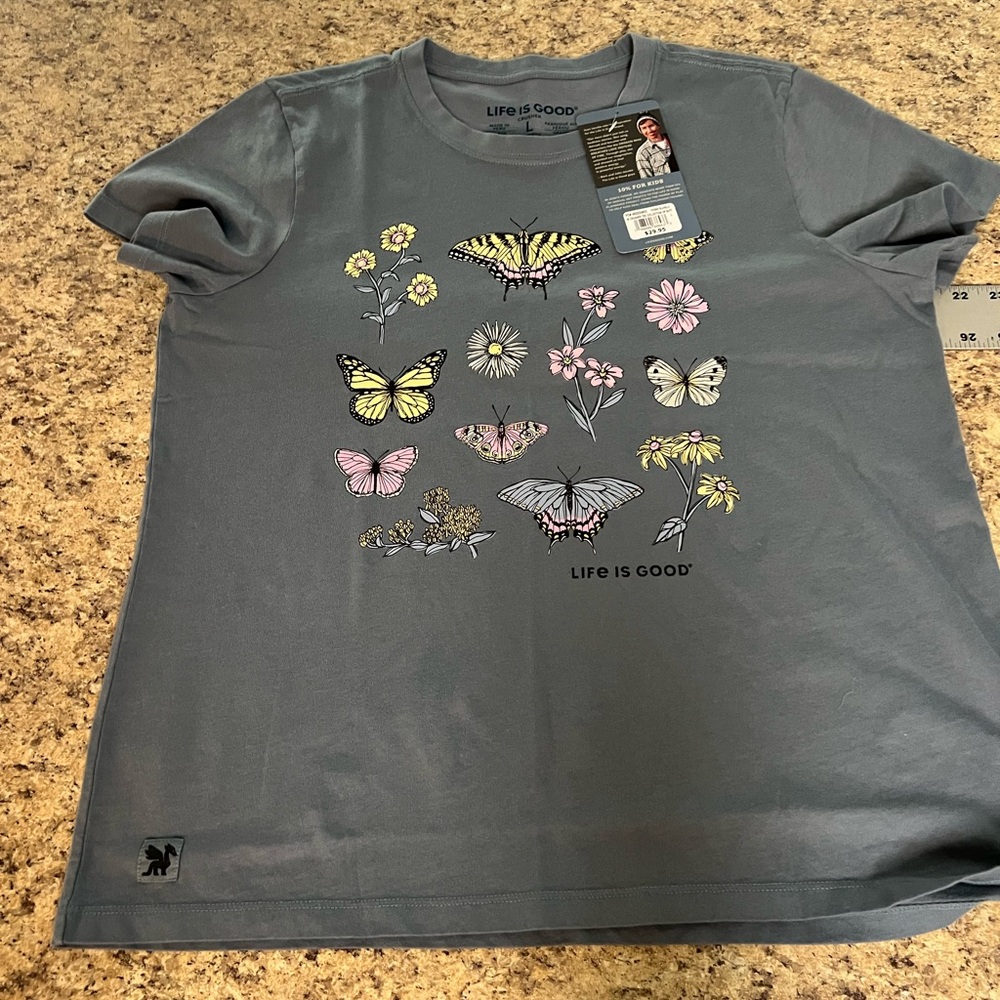 Life Is Good crusher Women’s Slate Blue Gray collection butterflies Tee shirt L - Picture 4 of 10